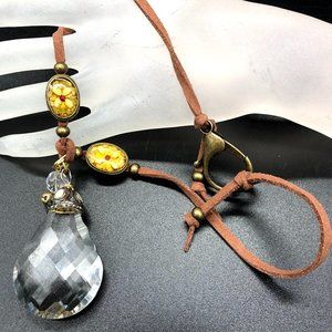 Necklace - Diamond Bead Cone, Large Crystal, Antique Brass Beads